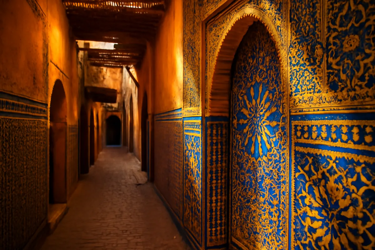 A sunlit narrow alleyway in the ancient Marrakech medina, featuring intricate Moroccan mosaic tilework in blue and gold tones, with warm afternoon light casting a golden glow on the traditional architecture