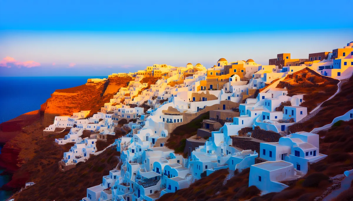Scenic view of a traditional Greek island village with white buildings overlooking the blue Aegean Sea at sunset