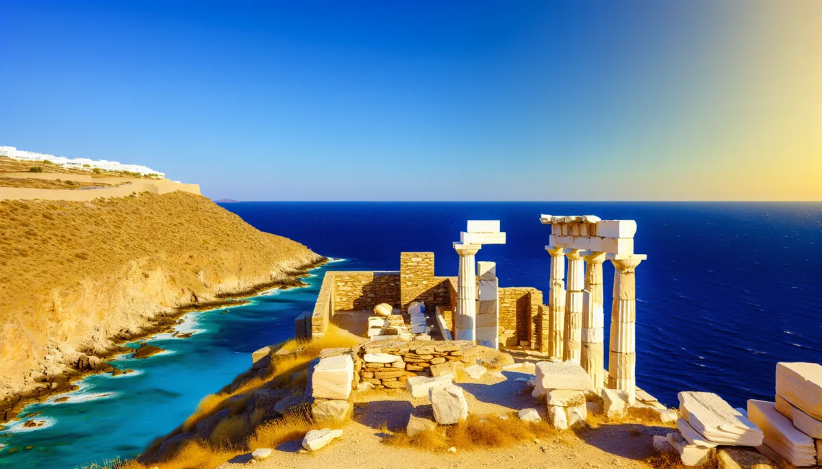 Ancient Greek temple ruins with white marble columns overlooking the bright blue Aegean Sea from a clifftop location