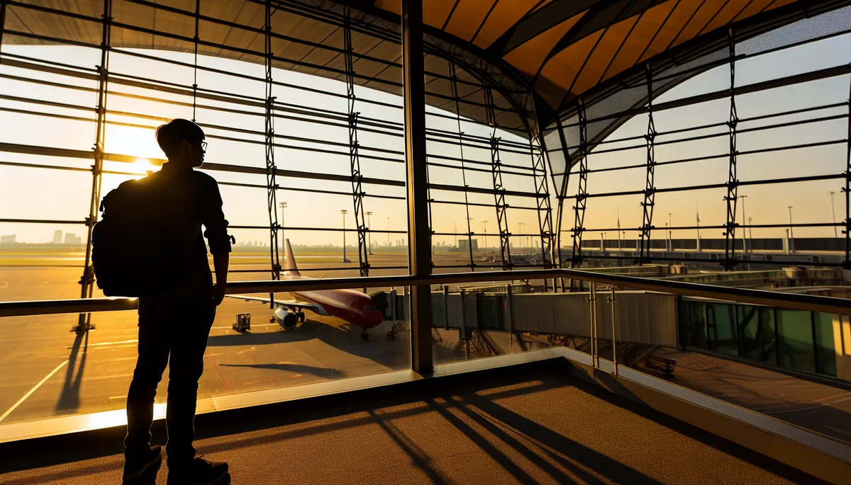 Silhouette of a traveler with backpack standing at an airport terminal window, looking out at an airplane on the tarmac during golden hour