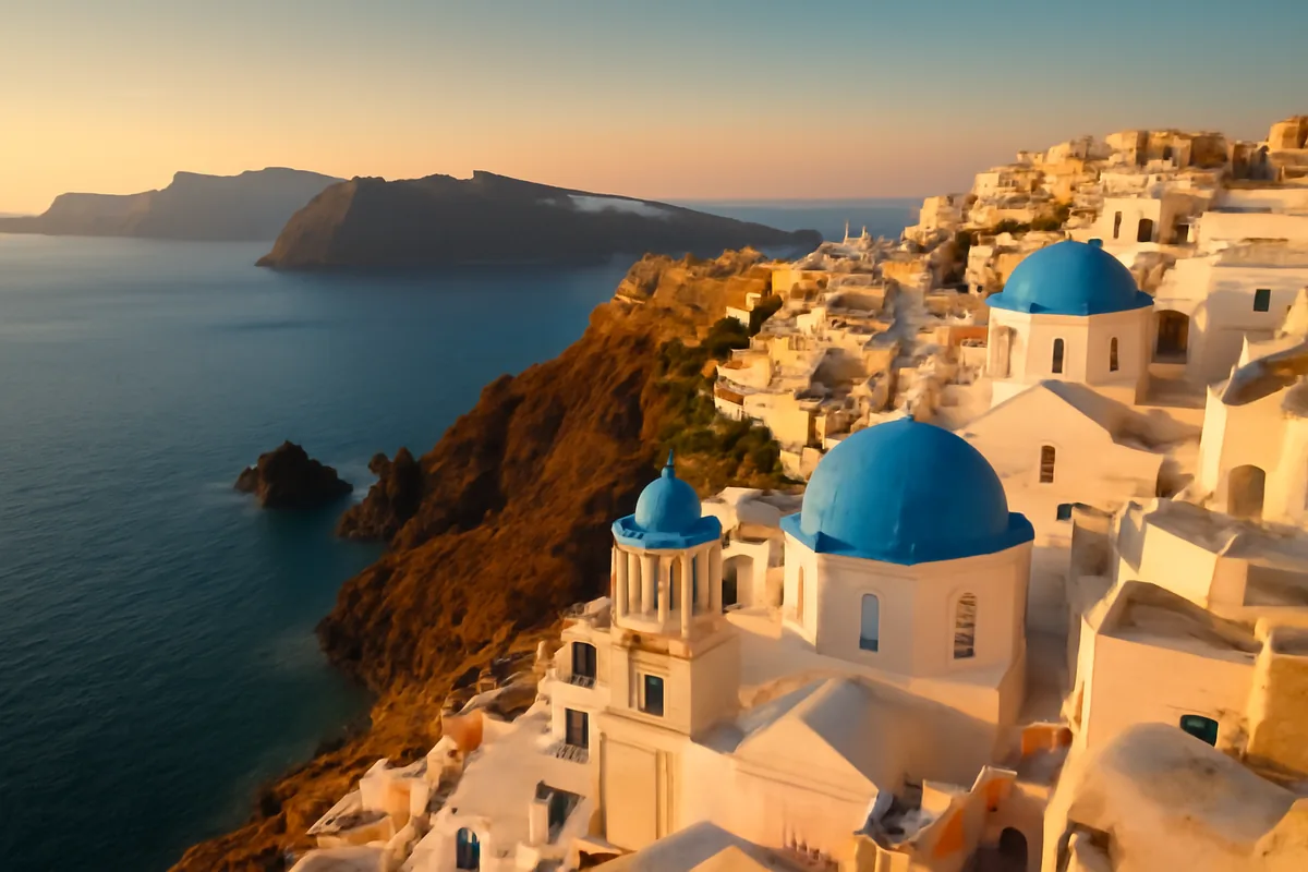 Aerial panoramic view of Santorini's white-washed Cycladic village with iconic blue-domed churches overlooking the Aegean Sea at golden hour