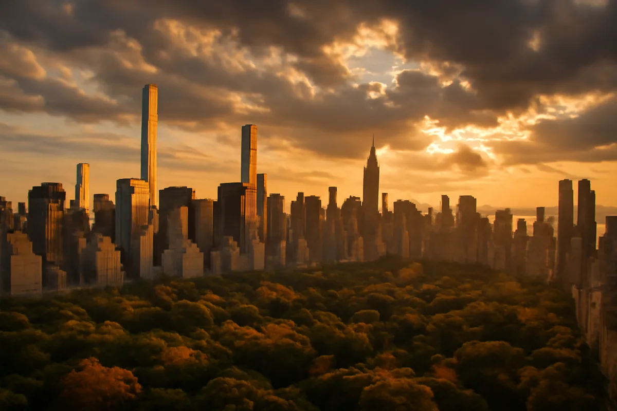 Golden hour view of the New York City skyline with Central Park's lush greenery in the foreground, bathed in warm amber light