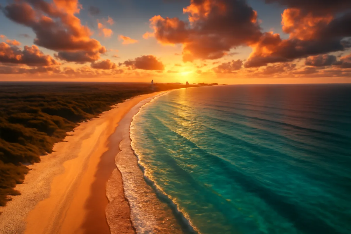 Aerial panoramic view of a vibrant summer travel destination with turquoise coastline, golden beaches, and a glowing city skyline at golden hour