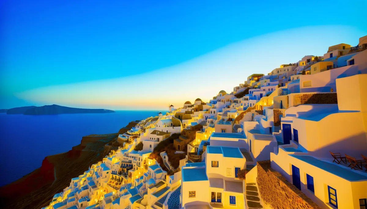 Scenic view of a traditional Greek island village with white buildings overlooking the blue Aegean Sea at golden hour