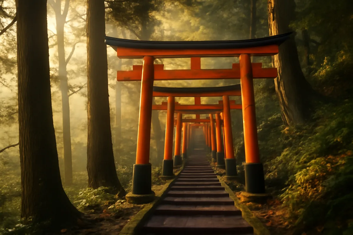 A serene pathway of traditional red torii gates ascending through a misty cedar forest at a famous Japanese shrine during golden hour