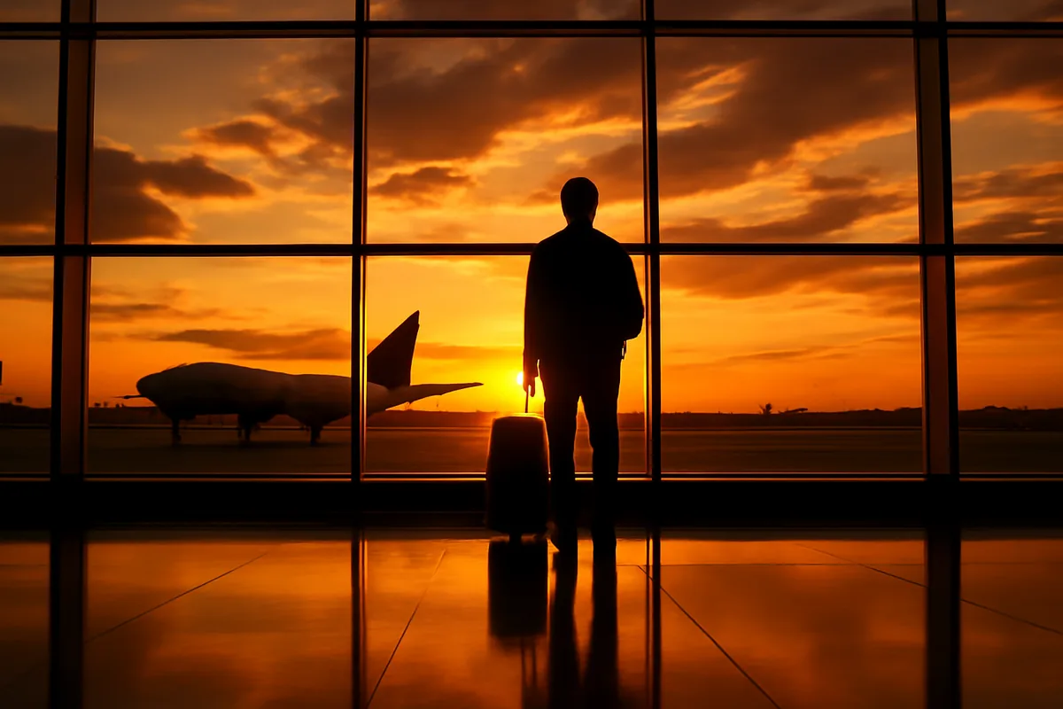 A traveler's silhouette standing at an international airport terminal with large windows overlooking the runway during a warm golden sunset