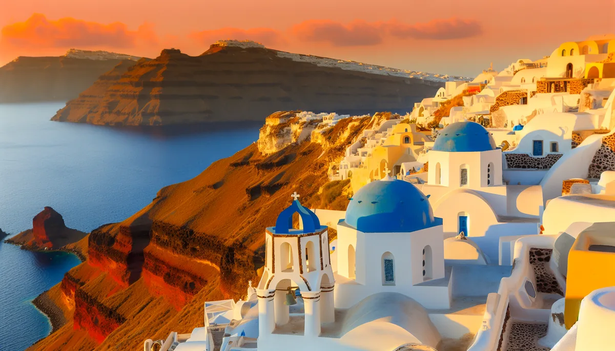 Stunning sunset view of traditional white and blue Greek architecture in Santorini overlooking the deep blue Aegean Sea