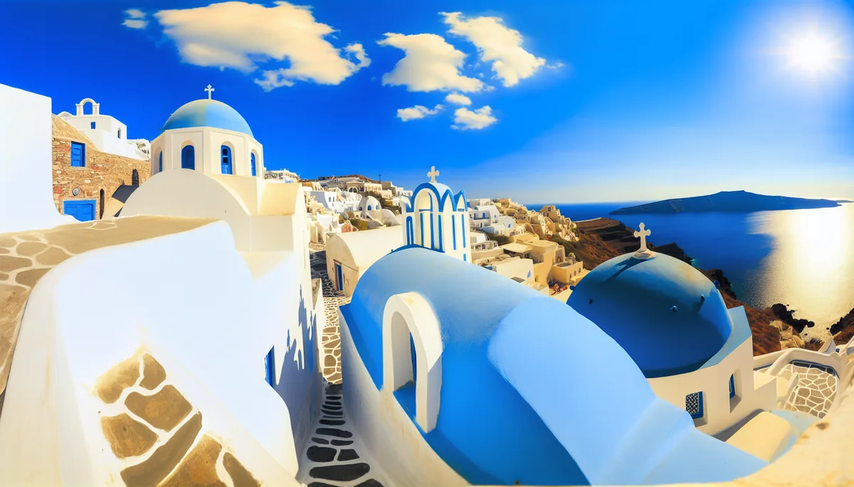 Scenic view of traditional Greek island architecture with white buildings and blue domes overlooking the Mediterranean Sea