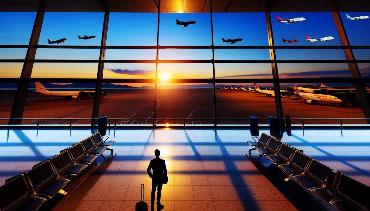 Silhouette of a traveler at an international airport departure gate with multiple aircraft visible on the tarmac during sunset