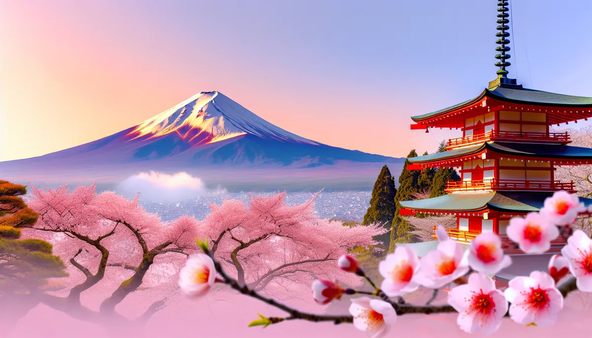 Mount Fuji with snow-covered peak behind a traditional Japanese pagoda, framed by cherry blossom branches in soft morning light