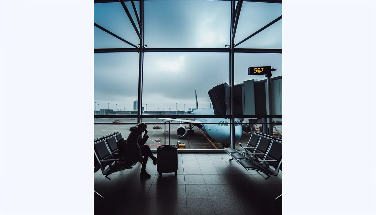 Silhouette of a traveler sitting alone at an airport gate with planes visible through large windows, conveying the frustration of travel connectivity issues