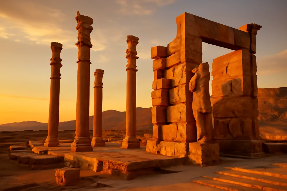Ancient Persepolis ruins in Iran bathed in golden hour light, with towering stone columns and carved reliefs against a vast desert landscape and distant mountains