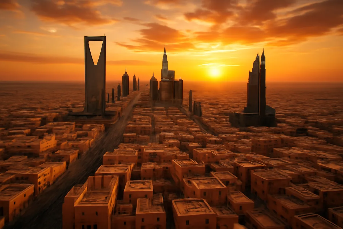 Panoramic golden hour view of Riyadh's modern skyline blending with traditional Saudi Arabian architecture, desert landscape stretching to the horizon under a warm sunset sky.