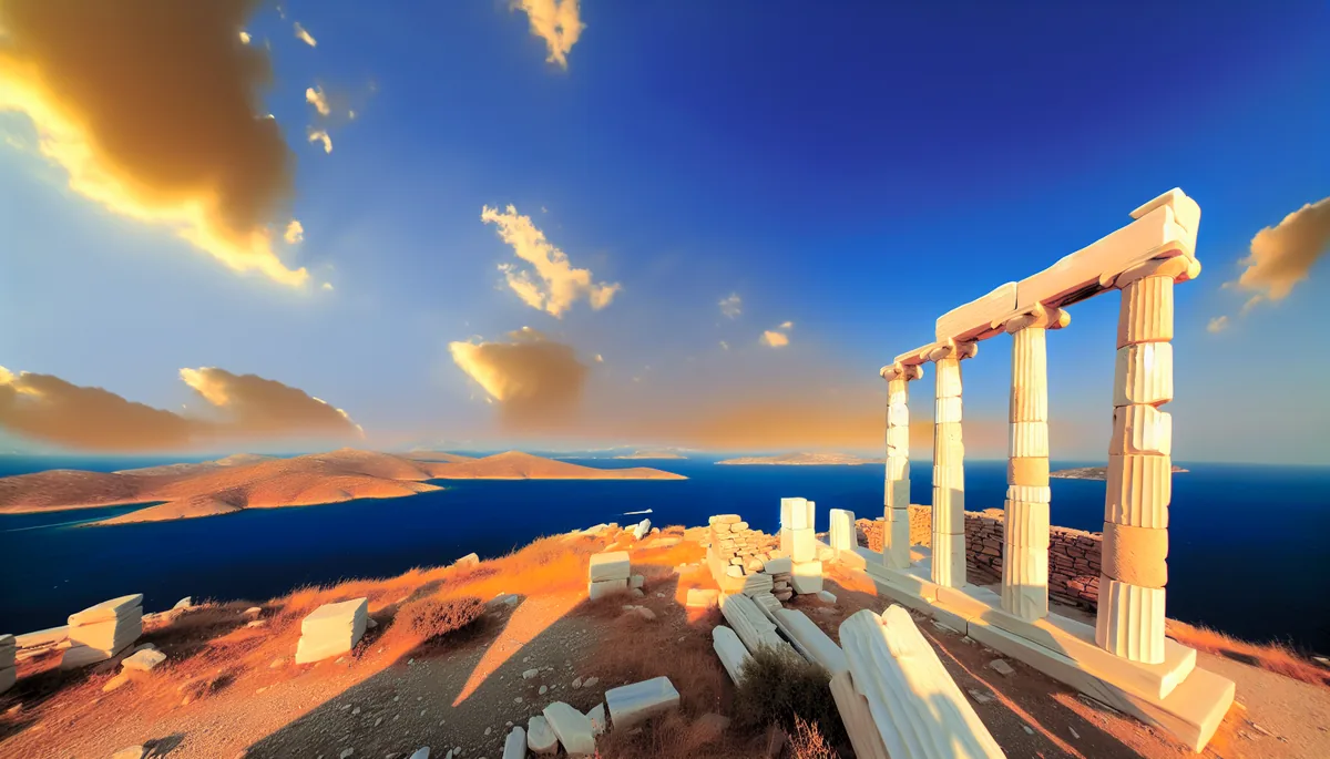 Ancient Greek temple ruins with white marble columns overlooking the bright blue Aegean Sea during golden hour, with Greek islands visible in the distance