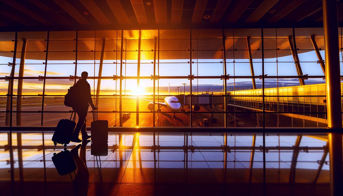 Silhouette of a traveler with luggage walking through a bright, modern airport terminal with large windows showing aircraft on the tarmac during golden hour