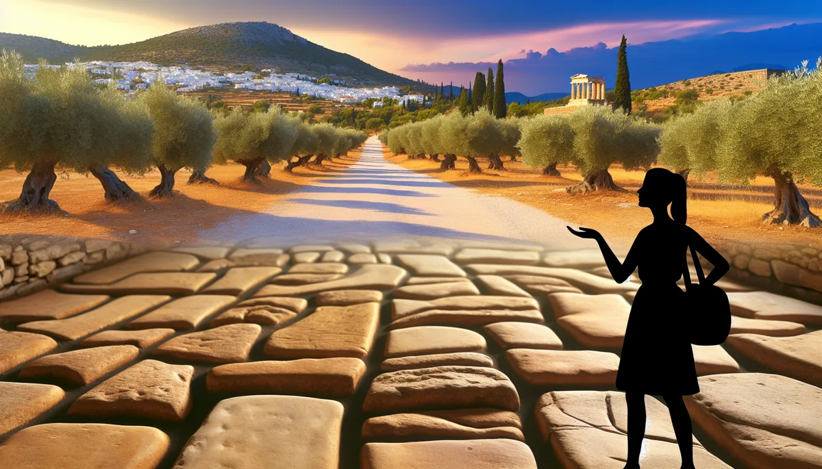 Silhouette of a traveler standing at a crossroads in a Mediterranean Greek landscape with ancient stone paths, olive trees, and traditional white buildings under golden hour lighting