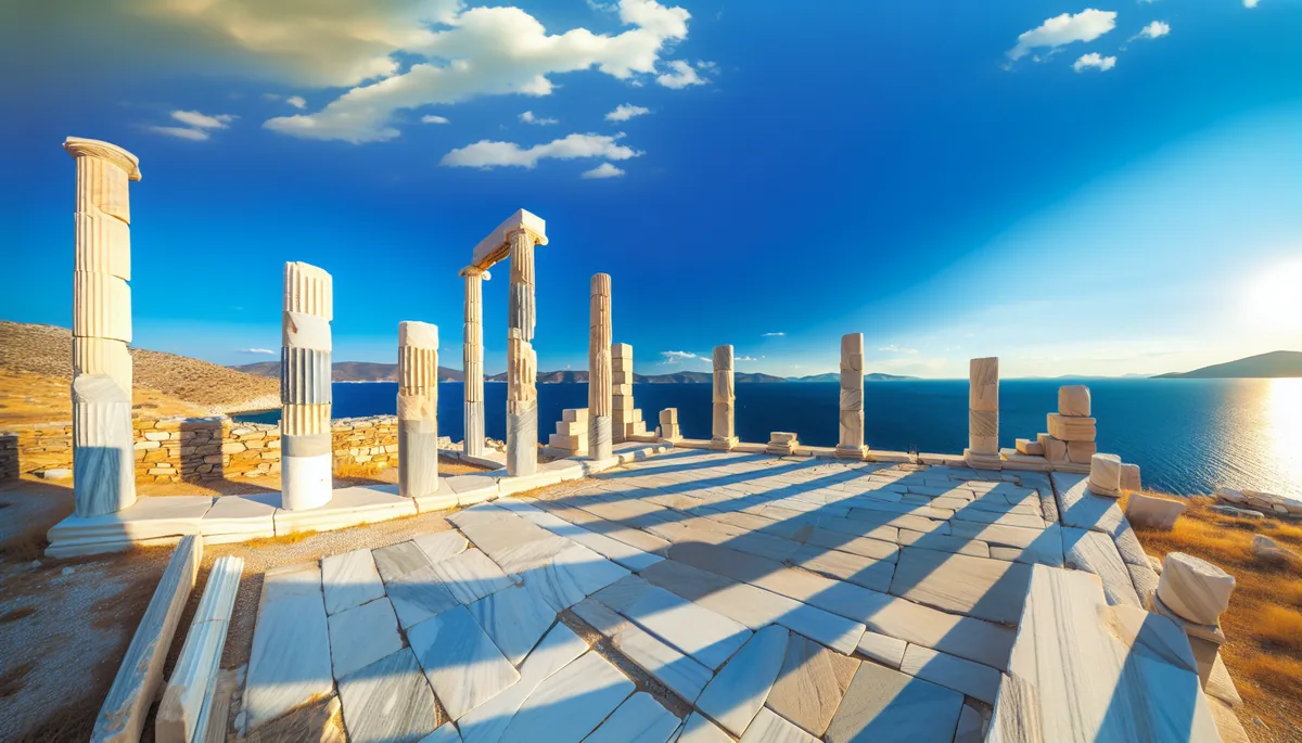 Ancient Greek temple ruins with white marble columns overlooking the deep blue Aegean Sea during golden hour