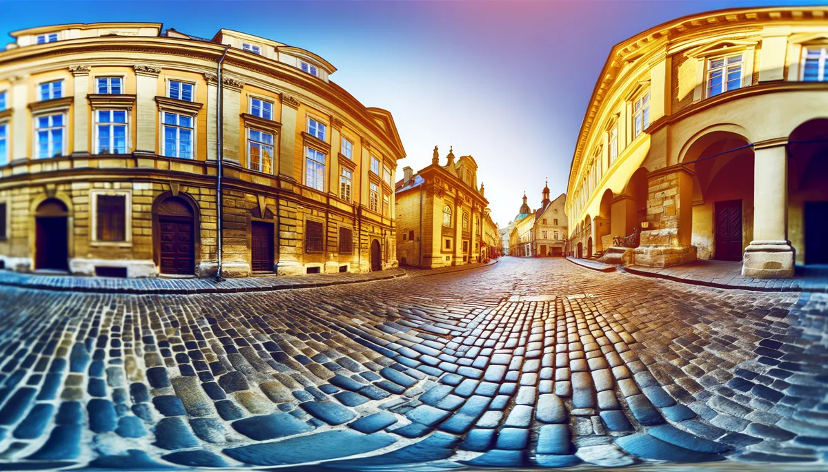 Panoramic view of a European city with historic architecture, cobblestone streets, and golden hour lighting creating a warm, inviting travel atmosphere