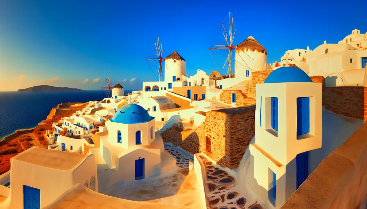 Scenic view of a traditional Greek island village with white buildings and blue domes overlooking the Mediterranean sea at golden hour