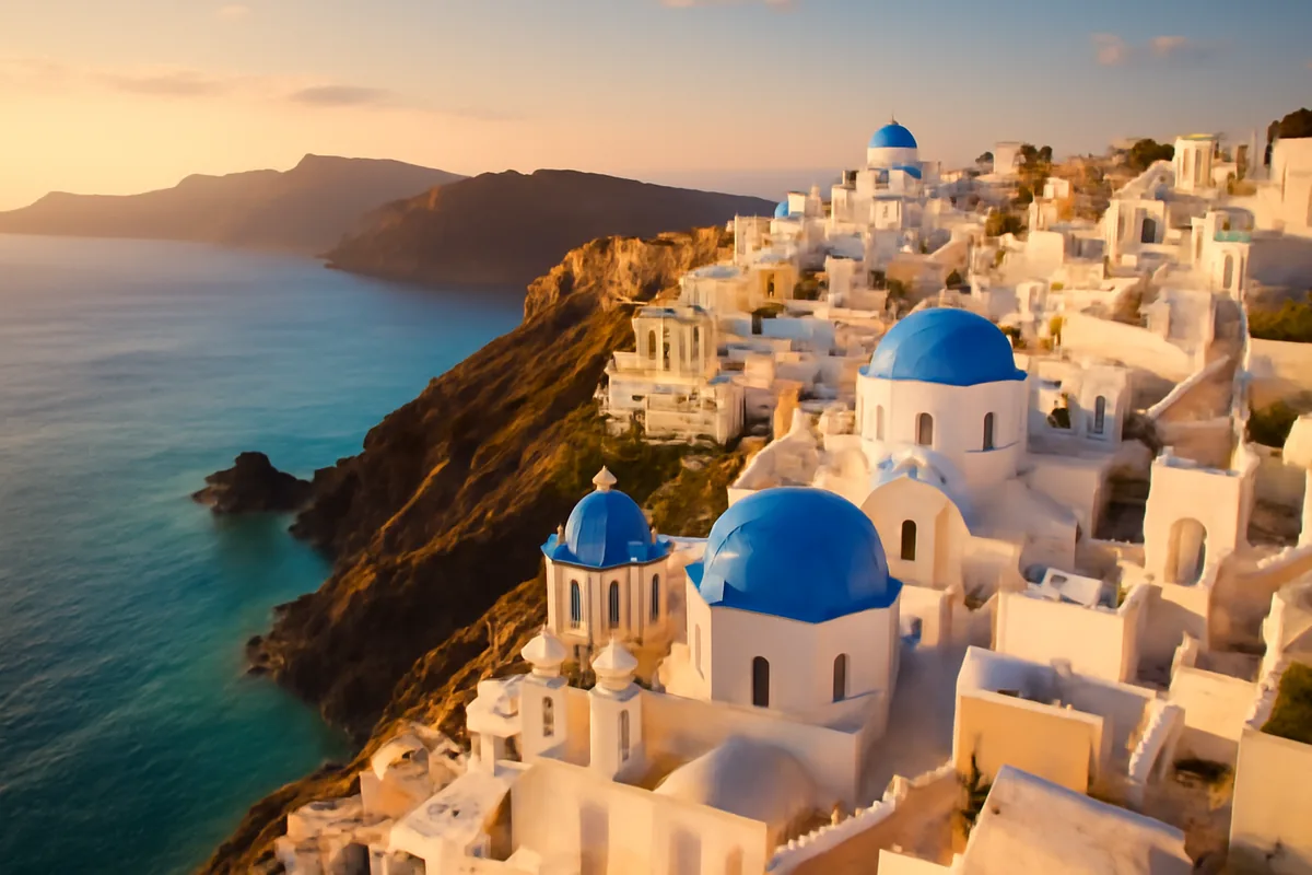 Aerial panoramic view of a classic Greek island village with whitewashed buildings and blue-domed churches overlooking the turquoise Aegean Sea at golden hour