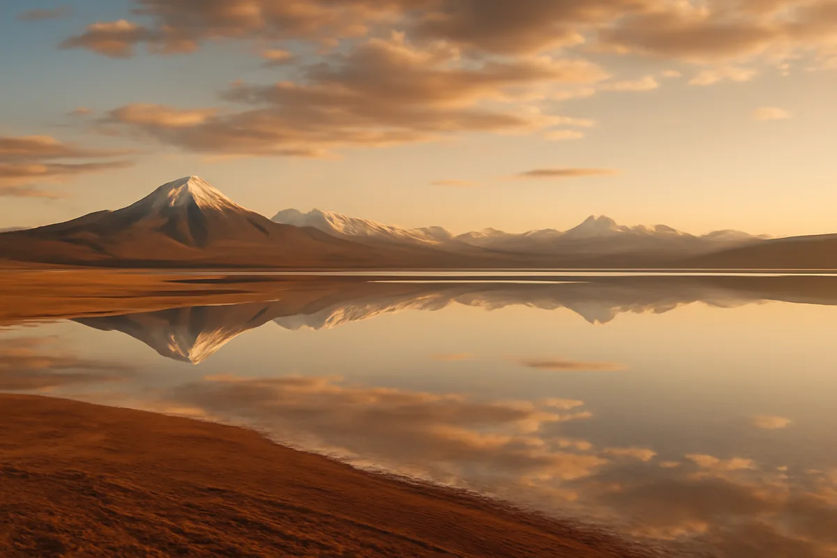 Dramatic panoramic view of the Bolivian altiplano high-altitude plateau with snow-capped Andes mountains in the background and reflective salt flats in the foreground under golden hour light