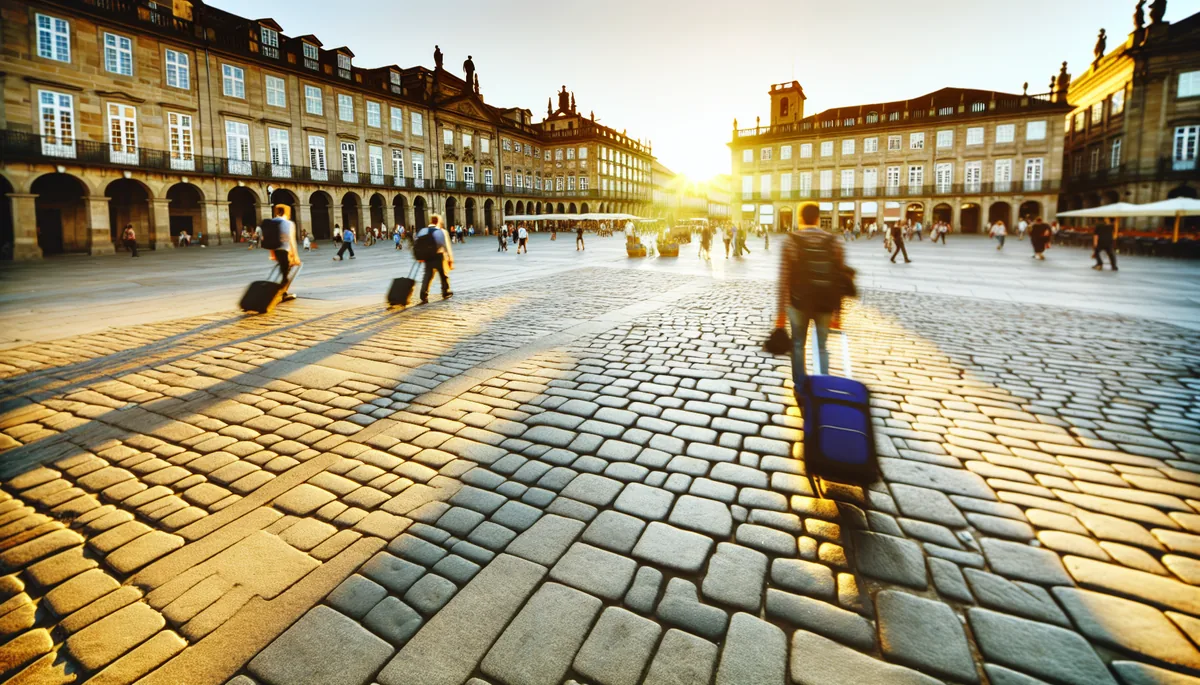 European city square with historic buildings and cobblestone streets, travelers with luggage walking in golden hour lighting