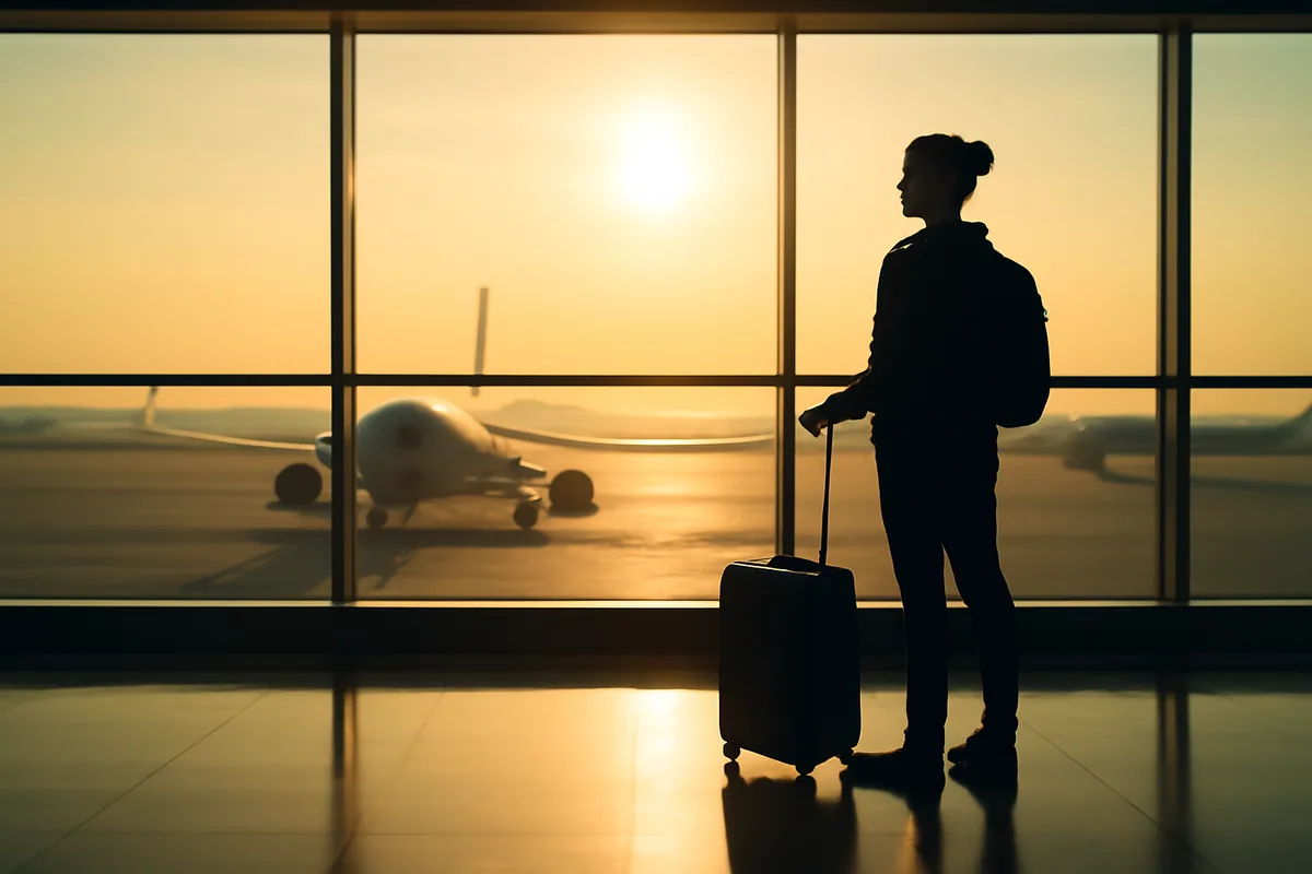 A traveler's silhouette standing at a bright airport terminal gate with planes visible on the tarmac outside, bathed in warm golden light