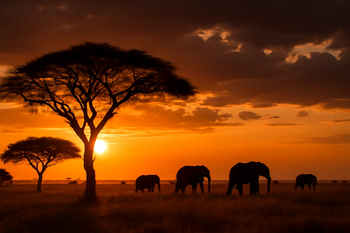 Majestic African safari landscape at sunset with silhouetted acacia trees and elephants walking across golden savanna plains in Botswana