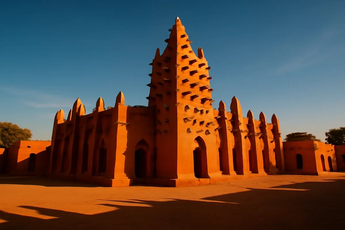 Traditional Sudano-Sahelian architecture mosque with distinctive spires and mud-brick construction in Ouagadougou, Burkina Faso, photographed during golden hour with warm lighting