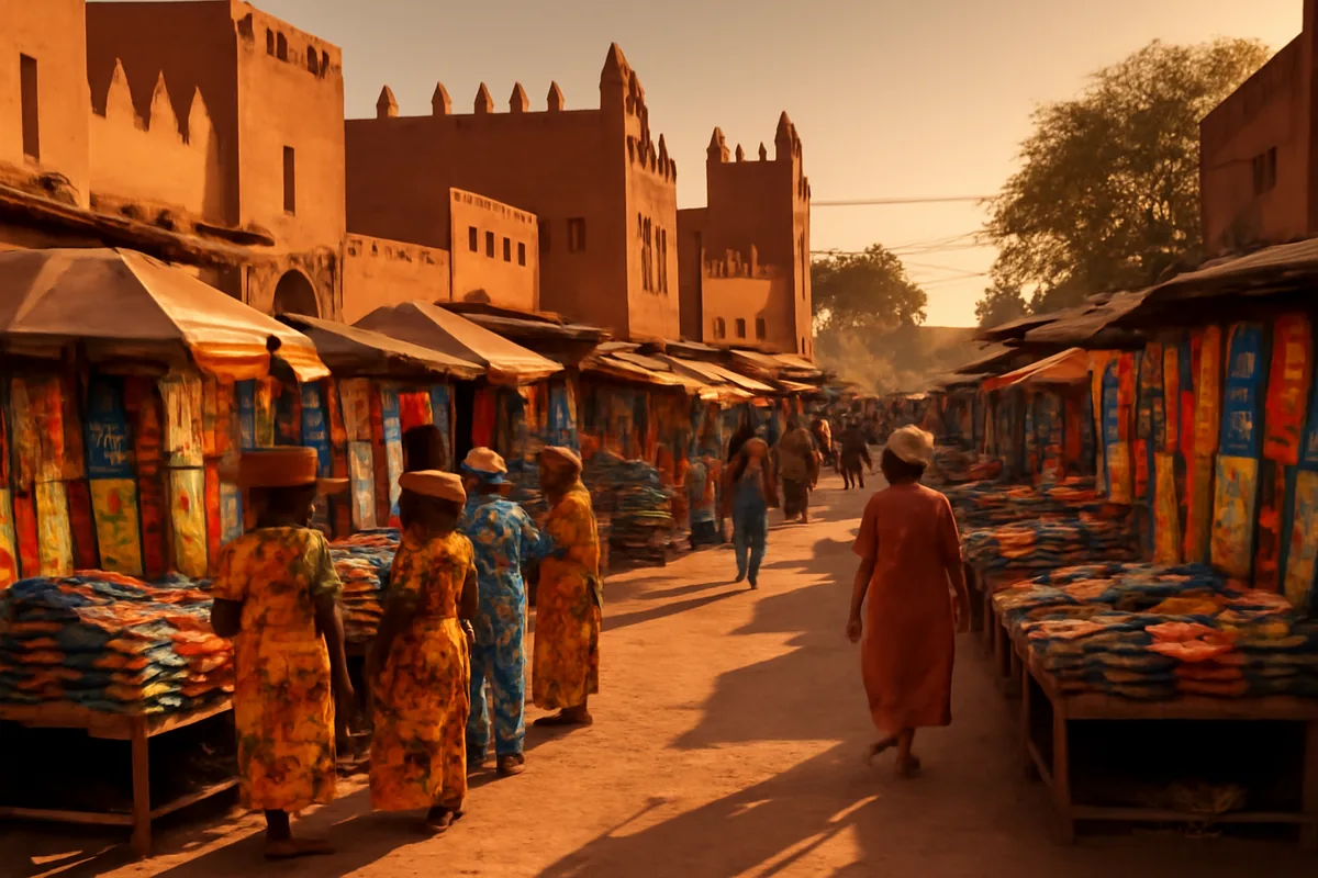 Traditional marketplace in Ouagadougou, Burkina Faso with colorful fabrics, mud-brick architecture, and warm golden lighting