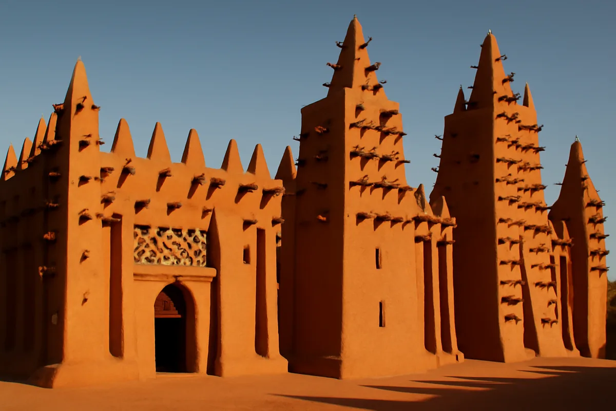 Traditional Sudano-Sahelian mosque in Burkina Faso with distinctive mud-brick architecture and geometric patterns during golden hour