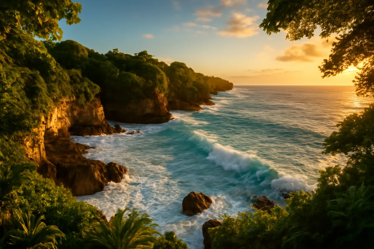 Dramatic tropical coastline of Guam featuring turquoise Pacific Ocean waters crashing against limestone cliffs, surrounded by lush jungle vegetation under golden hour light