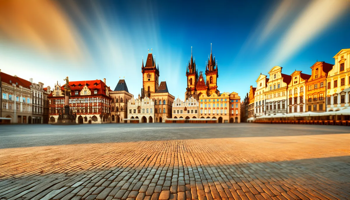 Panoramic view of a European city square featuring diverse architectural styles including Gothic cathedral spires and Renaissance buildings under golden hour lighting
