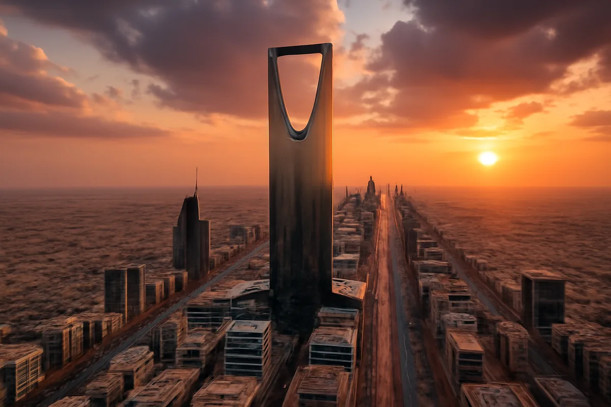 Panoramic golden hour view of the Riyadh skyline featuring the iconic Kingdom Centre Tower surrounded by modern city architecture under a warm amber sky