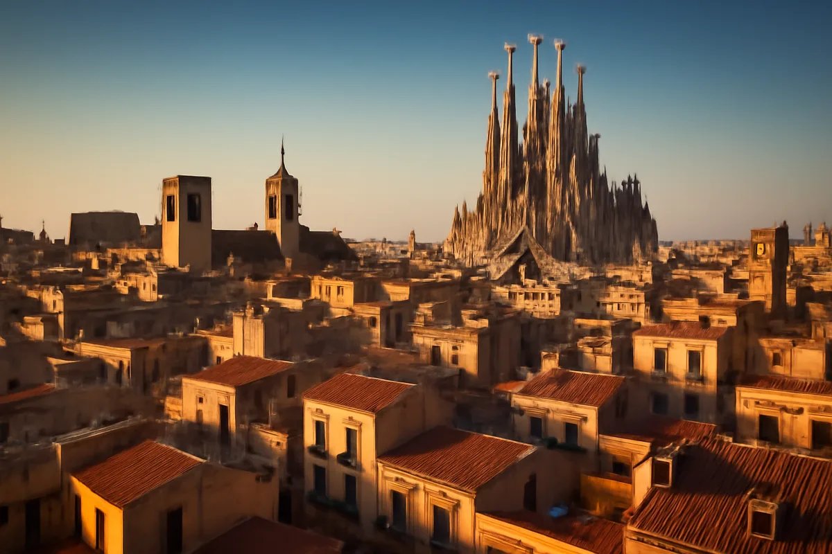 Aerial view of Barcelona's Gothic Quarter rooftops with the iconic Sagrada Família cathedral rising in the background during golden hour, showcasing Spain's stunning architecture and warm Mediterranean light.