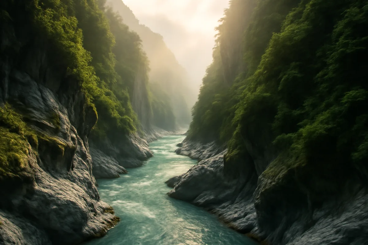 Dramatic aerial view of Taroko Gorge in Taiwan, featuring a turquoise river cutting through towering marble cliffs surrounded by dense green jungle in soft morning light