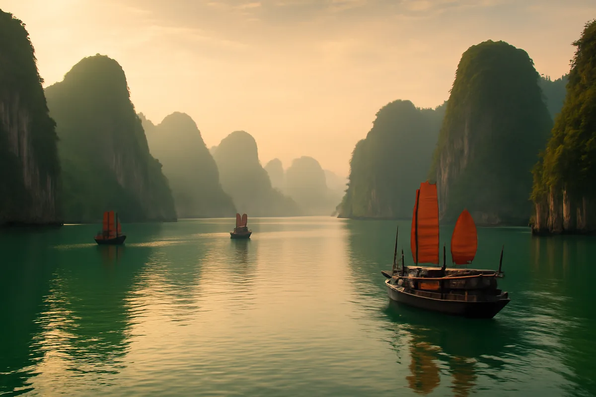 Panoramic view of Ha Long Bay, Vietnam, featuring iconic limestone karsts emerging from emerald waters with traditional junk boats sailing at golden hour