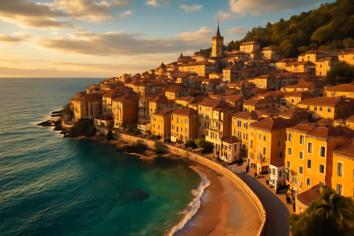 Aerial view of a colorful Mediterranean coastal town with terracotta rooftops and turquoise waters glowing in golden hour sunlight
