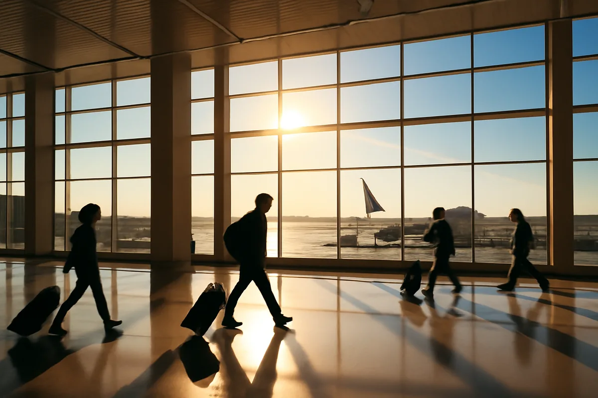 Bright and modern airport terminal interior with large windows overlooking the tarmac, traveler silhouettes walking through a sunlit concourse with aircraft visible outside