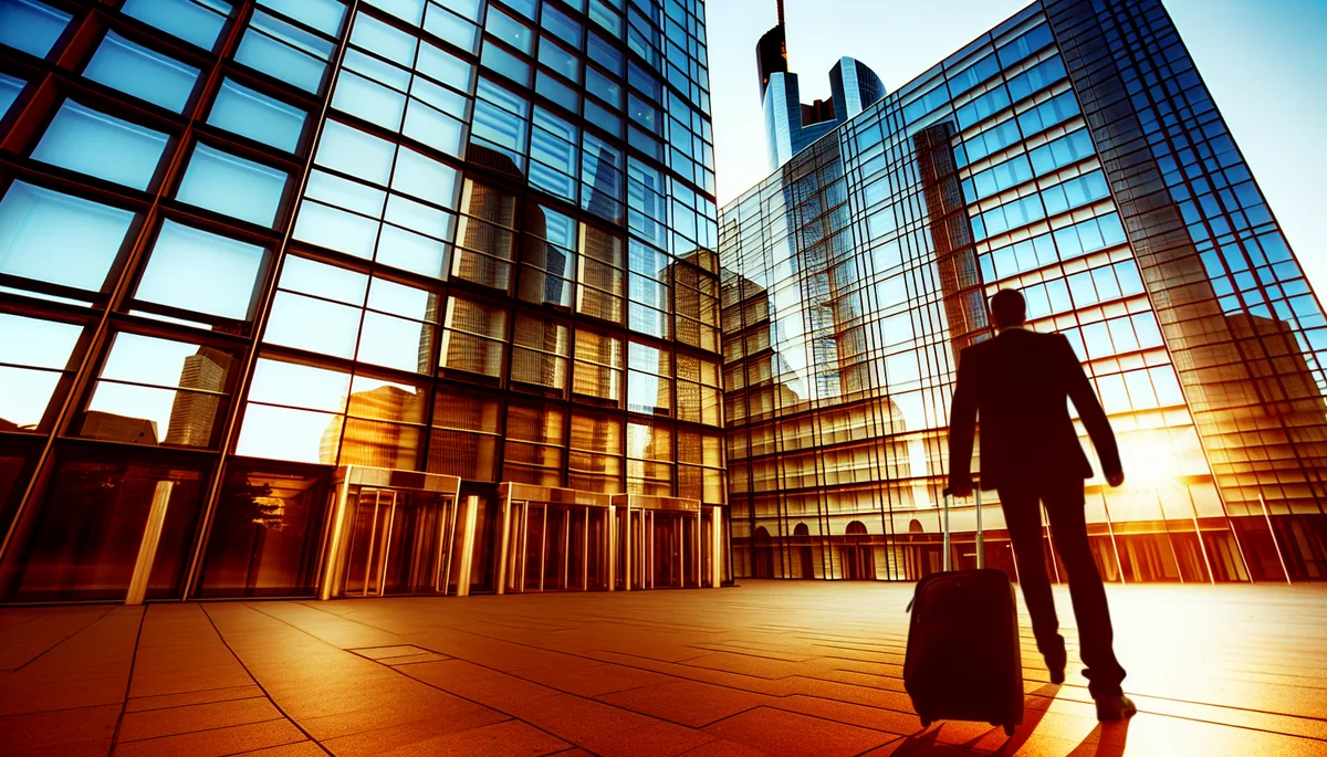 Modern glass skyscrapers in Frankfurt's business district during golden hour with a business traveler's silhouette walking with luggage