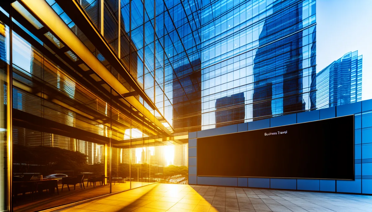 Modern glass office building in a business district with city skyline reflections during golden hour