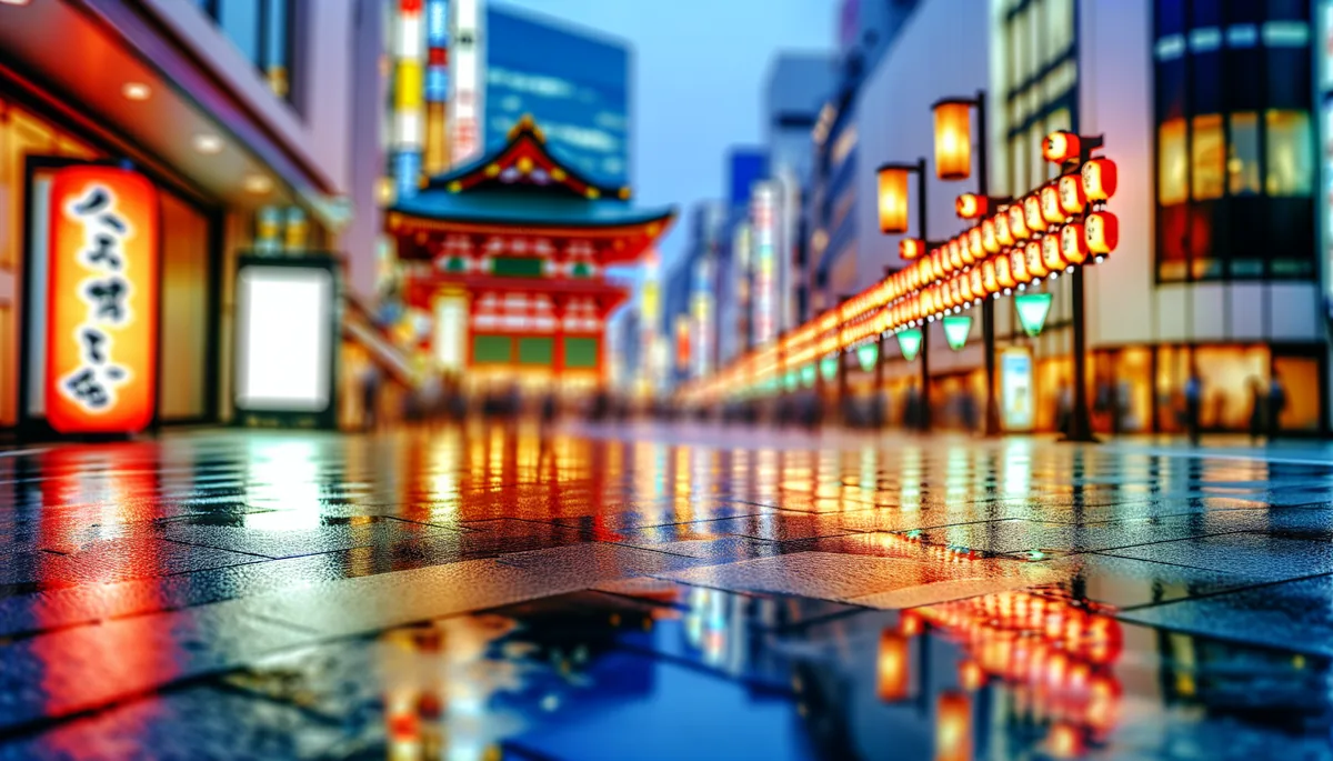 Evening street scene in Tokyo showing traditional Japanese lanterns and modern city lights reflecting on wet pavement