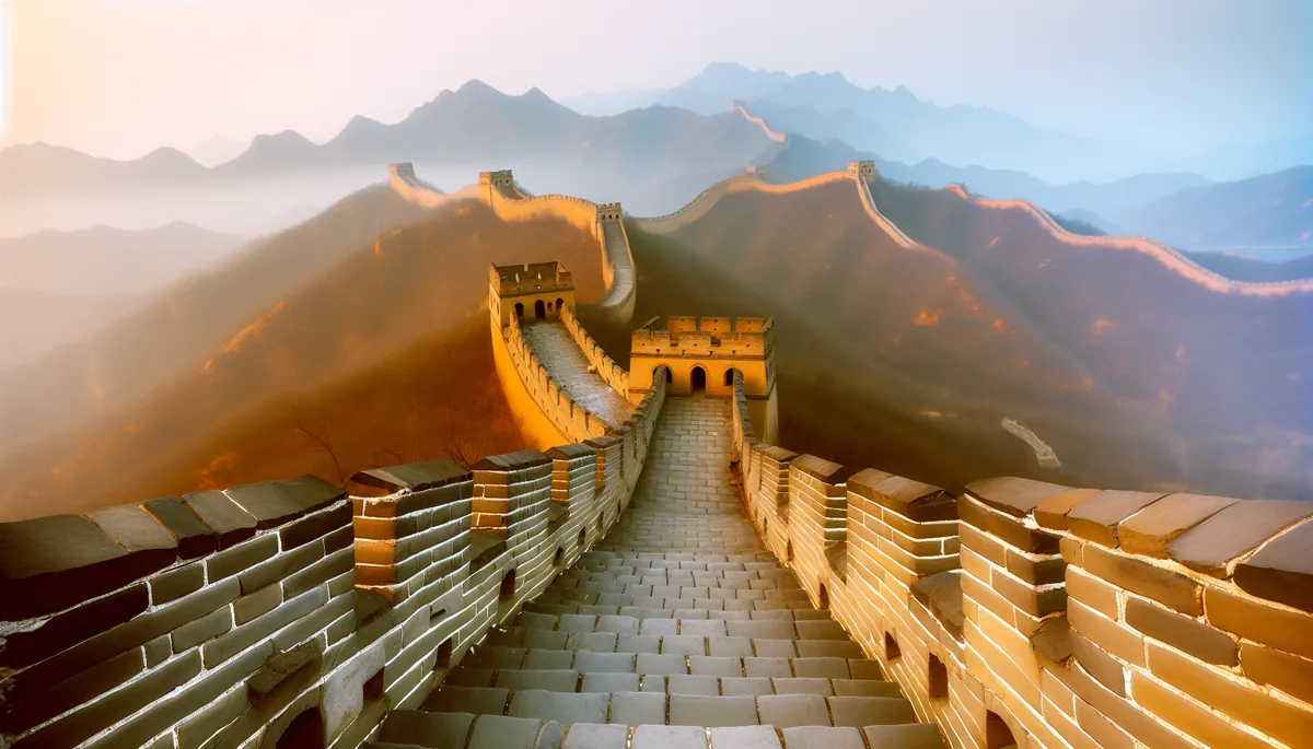 Majestic view of the Great Wall of China snaking through mountainous terrain in golden hour lighting