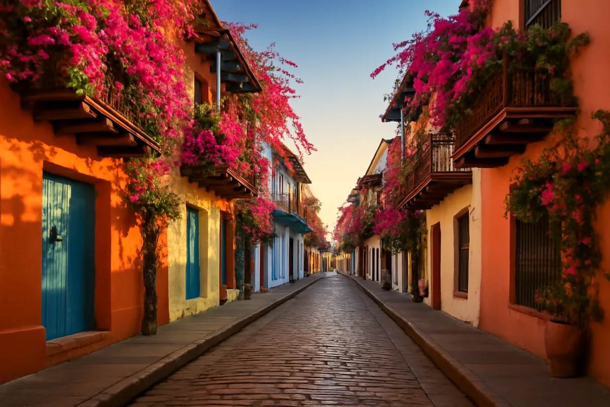 A colorful cobblestone street in Cartagena, Colombia's Old City, lined with vibrant colonial buildings and flowering bougainvillea under warm golden hour light.