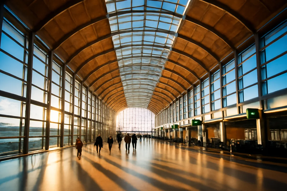 A sweeping wide-angle view of a modern international airport terminal with a glass ceiling, natural sunlight flooding the space, and distant silhouettes of travelers walking toward departure gates.