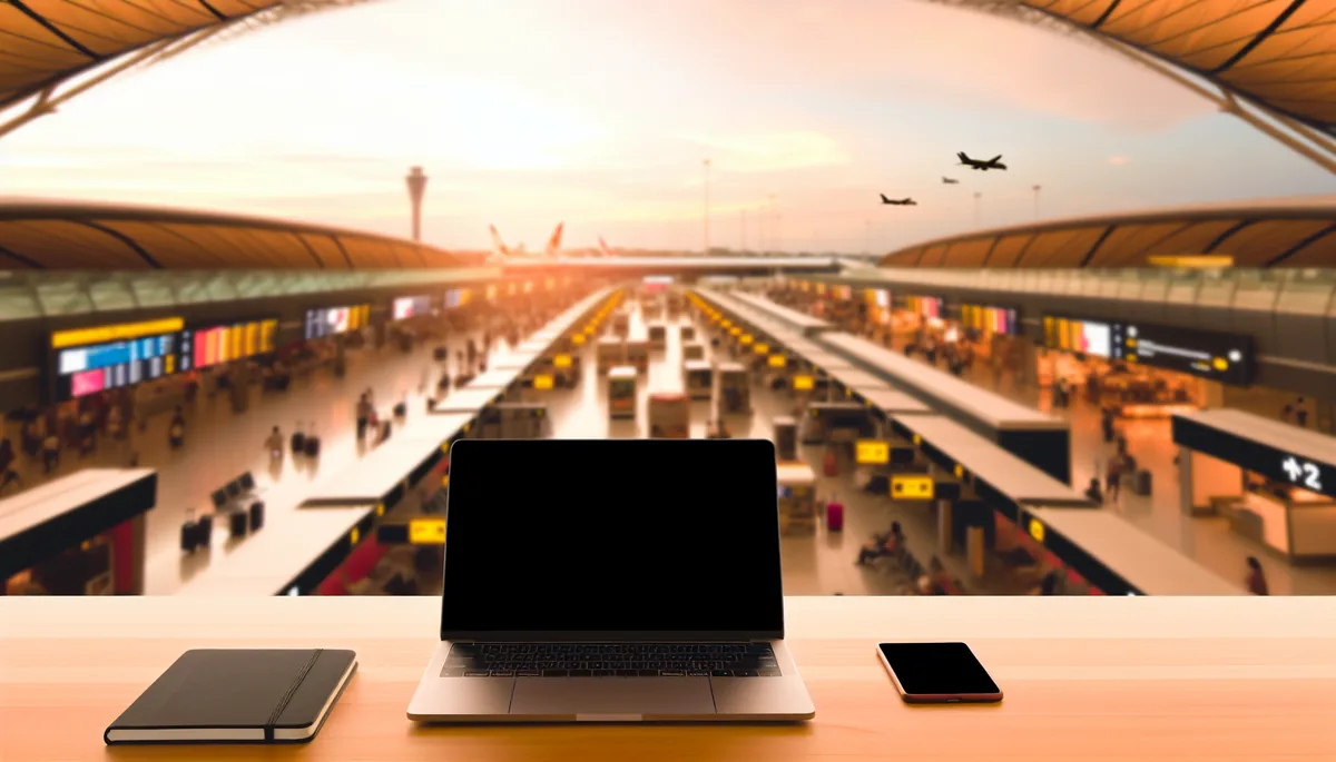 Laptop workspace overlooking busy international airport terminal with travelers and departure gates in the background