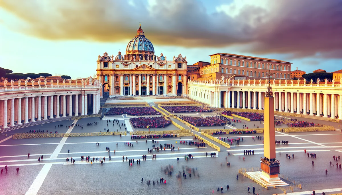 Aerial view of St. Peter's Square in Vatican City filled with Easter pilgrims, showing the iconic colonnade and basilica under dramatic golden hour lighting
