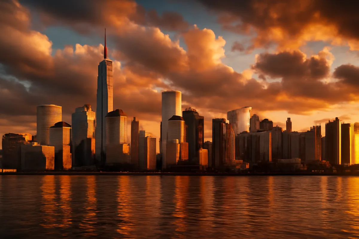 Golden hour view of Manhattan skyline reflected in the Hudson River, with dramatic clouds and warm amber light illuminating the iconic American cityscape.