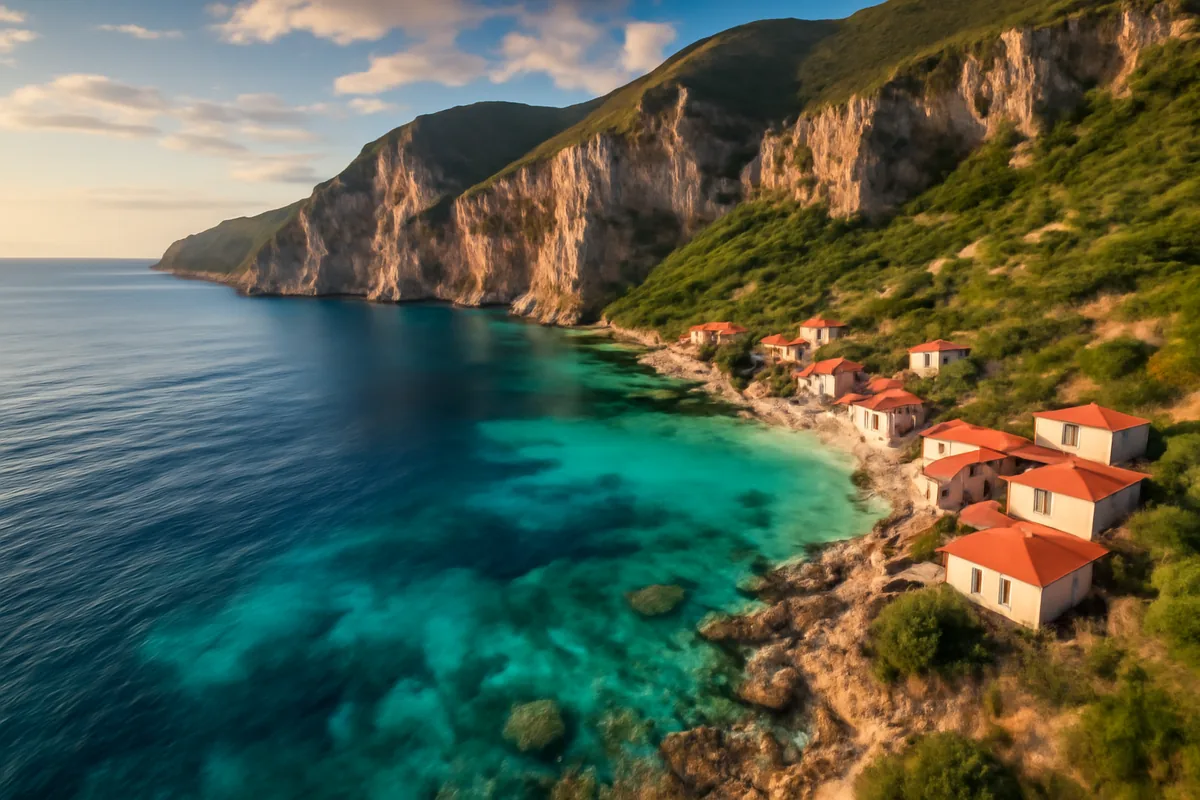 Panoramic view of the Albanian Riviera coastline featuring turquoise waters, dramatic limestone cliffs, and a traditional fishing village bathed in golden hour sunlight