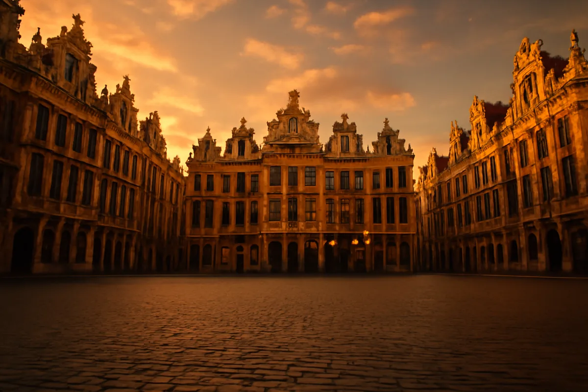 The Grand Place in Brussels, Belgium, bathed in golden evening light, showcasing the ornate Gothic guild hall facades surrounding the historic cobblestone square.